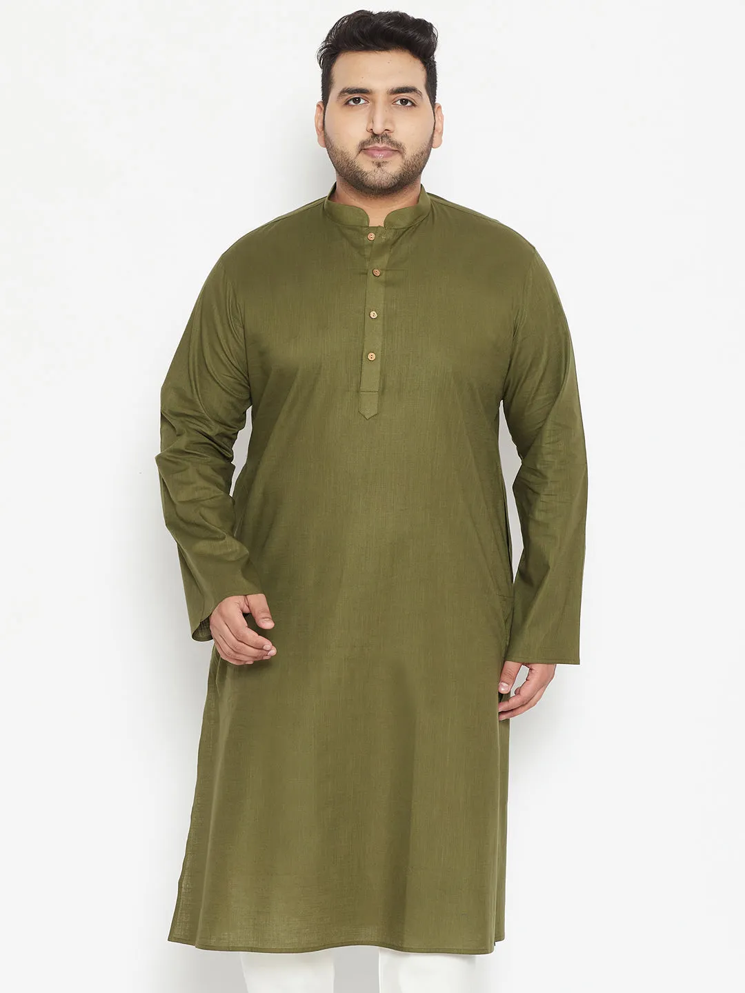 VASTRAMAY Men's Mahendi Green Cotton Blend Kurta