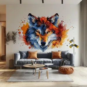 Vibrant Watercolor Wolf Face Wall Decal Sticker - Artistic Animal Decor for Living Room, Creative Space