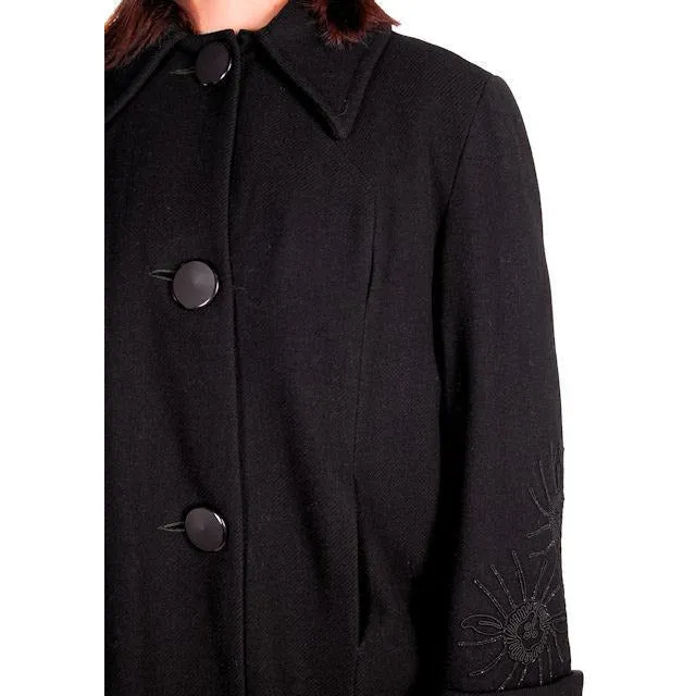 Vintage Black Wool Swing Coat Fab Sleeve Beading Details 1940s M-XL