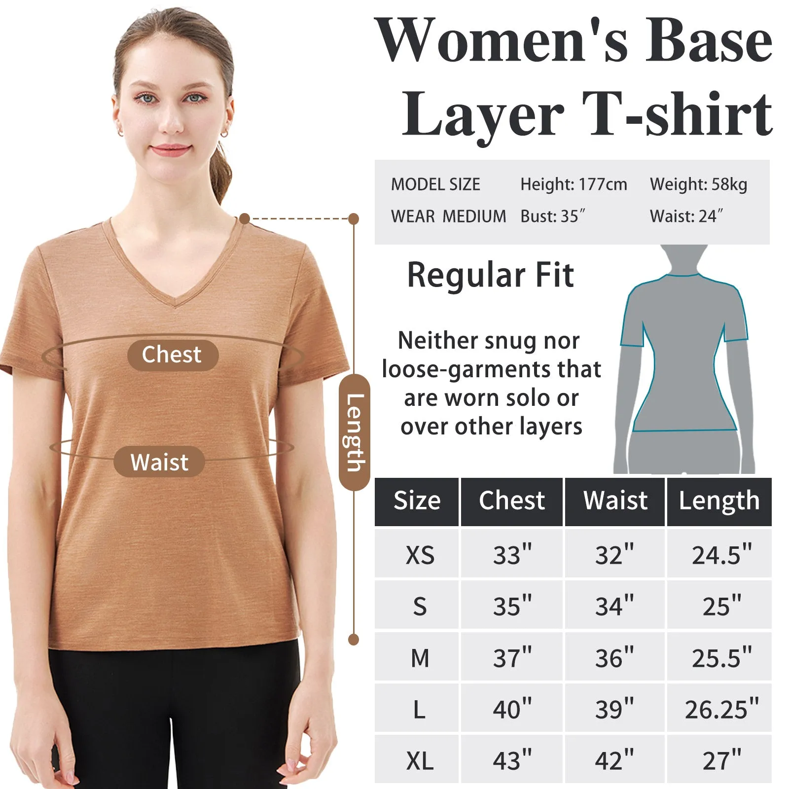 Women’s Merino 170g V-Neck  Short Sleeve T-Shirt  Caramel