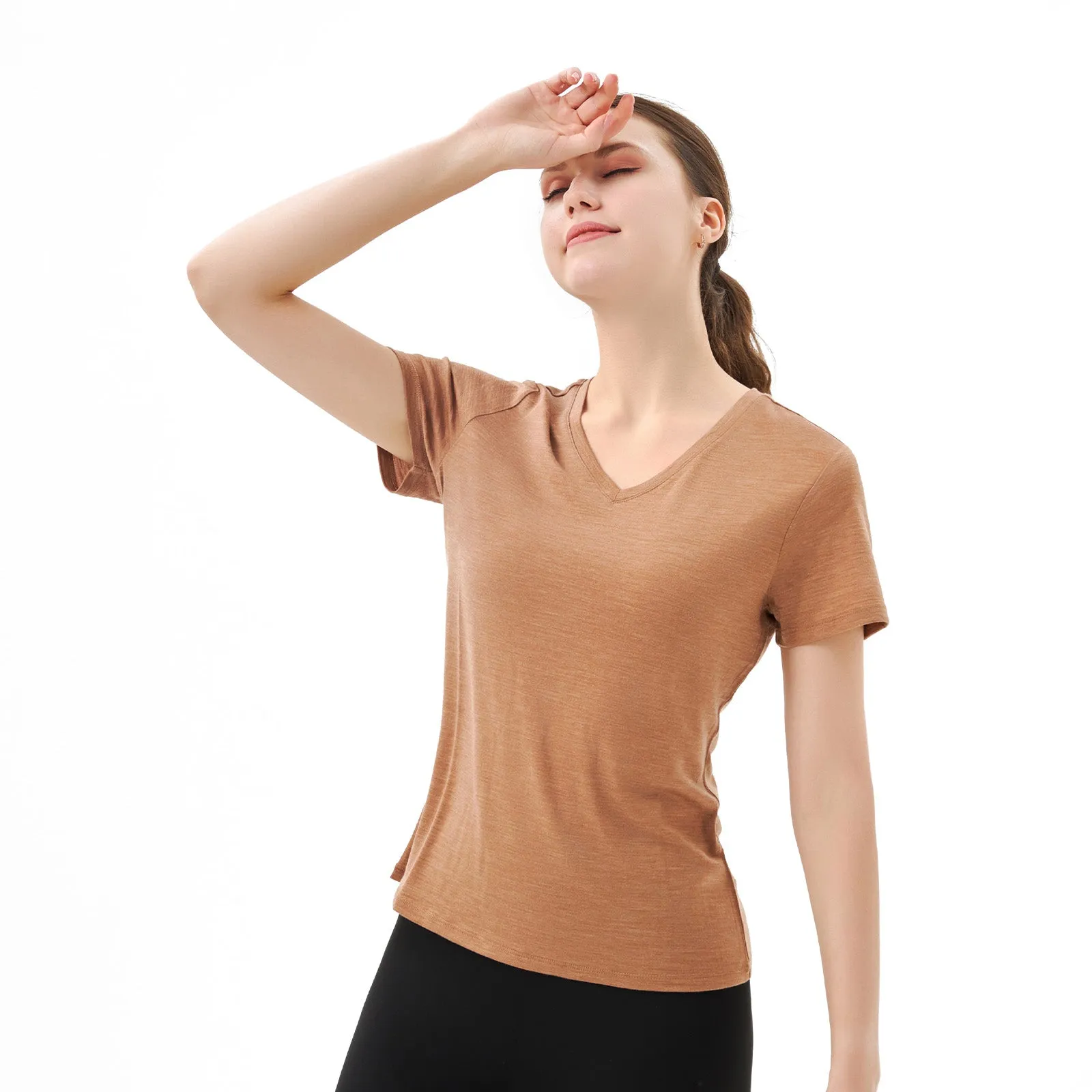 Women’s Merino 170g V-Neck  Short Sleeve T-Shirt  Caramel